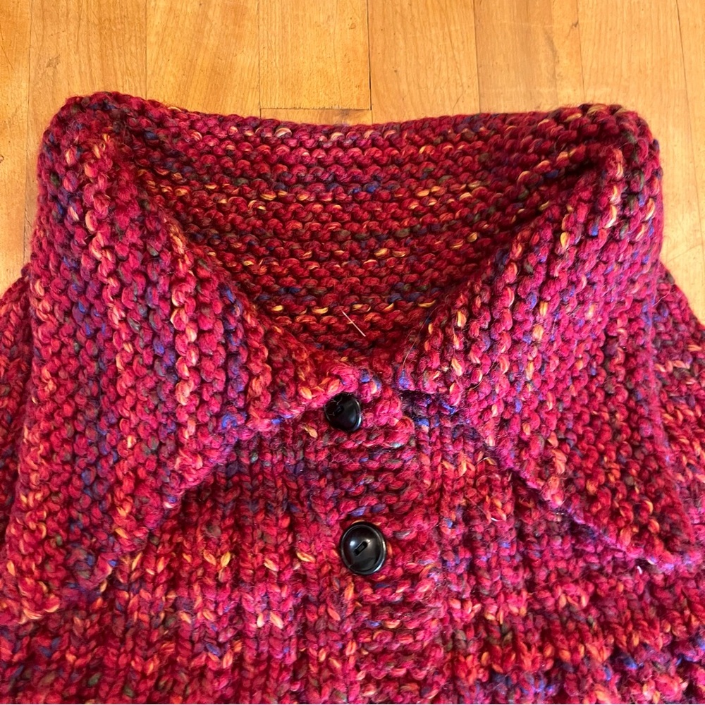Handcrafted Deep Red and Grey Knit Button Open Front Cape - S/M - Picture 2 of 5